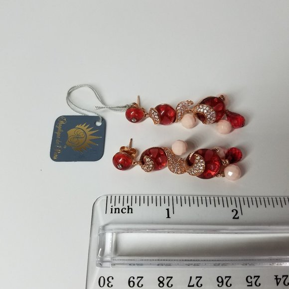 Angelique De Paris Women's Gold Plated Set of Long Red Earrings and Ring Size 6 - Picture 6 of 16